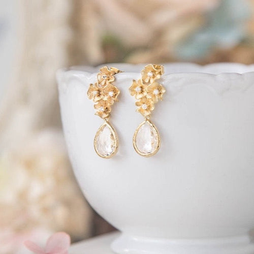 Gold Flowers Clear Crystal Post Earrings