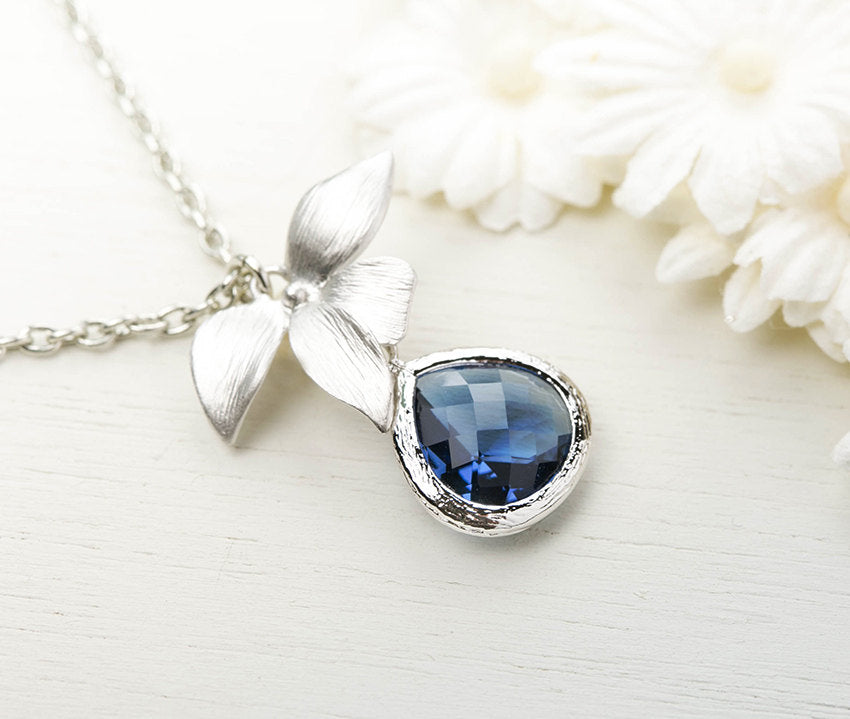 Silver Orchid Sapphire Necklace Navy Blue Wedding Bridesmaid Necklace Bridal Party Gift September Birthday Gift for Her Birthstone Jewelry