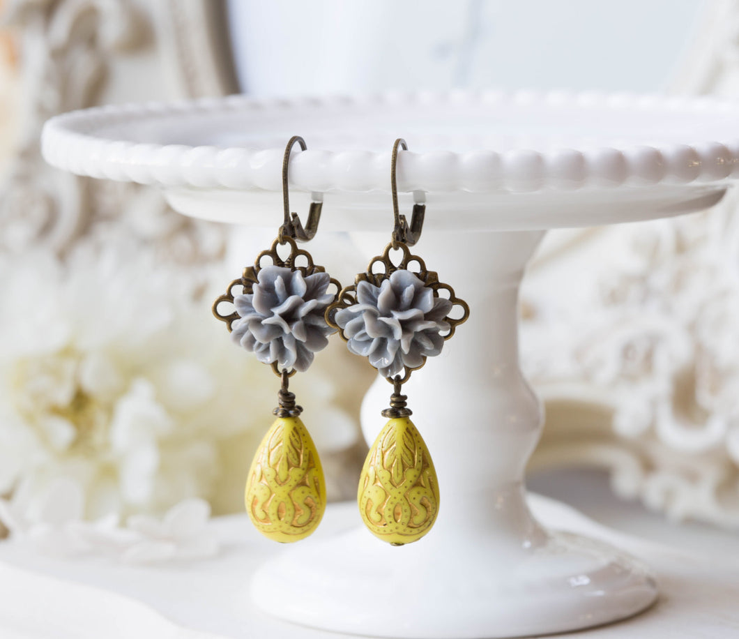 Grey and Yellow Earrings, Grey Flower Yellow Teardrop Bead Dangle Earrings, Grey and Yellow Wedding, Victorian Style, Leverback earrings