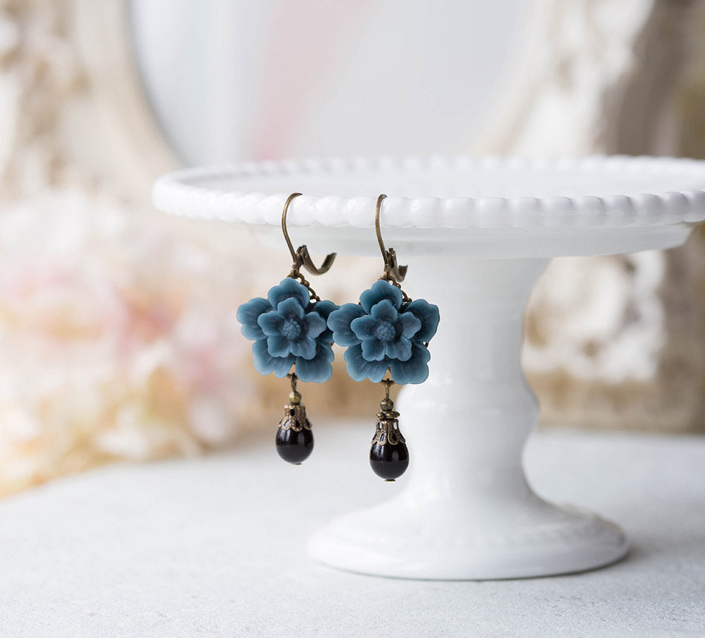 Navy Blue Earrings, Dark Blue Flower Black Teardrop Pearl Dangle Earrings, Navy Wedding Jewelry, Leaverback Earrings, Gift for mom