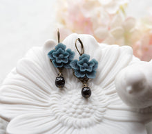 Load image into Gallery viewer, Navy Blue Earrings, Dark Blue Flower Black Teardrop Pearl Dangle Earrings, Navy Wedding Jewelry, Leaverback Earrings, Gift for mom
