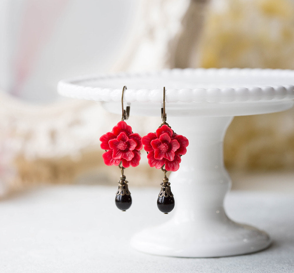 Red Flower Dangle Earrings, Black Teardrop Pearl Leverback Earrings, Red Wedding Bridal Earrings, Bridesmaid Gift, Valentines day gift