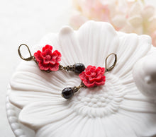 Load image into Gallery viewer, Red Flower Dangle Earrings, Black Teardrop Pearl Leverback Earrings, Red Wedding Bridal Earrings, Bridesmaid Gift, Valentines day gift

