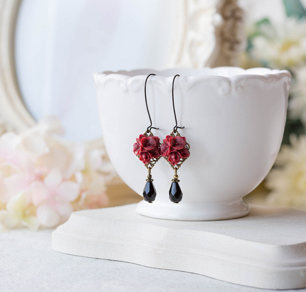 Dark Red Earrings, Burgundy Maroon Flower Black Onyx Glass Teardrop Dangle Earrings, Long Dangle Earrings, Bridesmaid Gift, Gift for Her mom