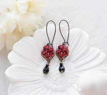 Load image into Gallery viewer, Dark Red Earrings, Burgundy Maroon Flower Black Onyx Glass Teardrop Dangle Earrings, Long Dangle Earrings, Bridesmaid Gift, Gift for Her mom
