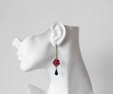 Load image into Gallery viewer, Dark Red Earrings, Burgundy Maroon Flower Black Onyx Glass Teardrop Dangle Earrings, Long Dangle Earrings, Bridesmaid Gift, Gift for Her mom
