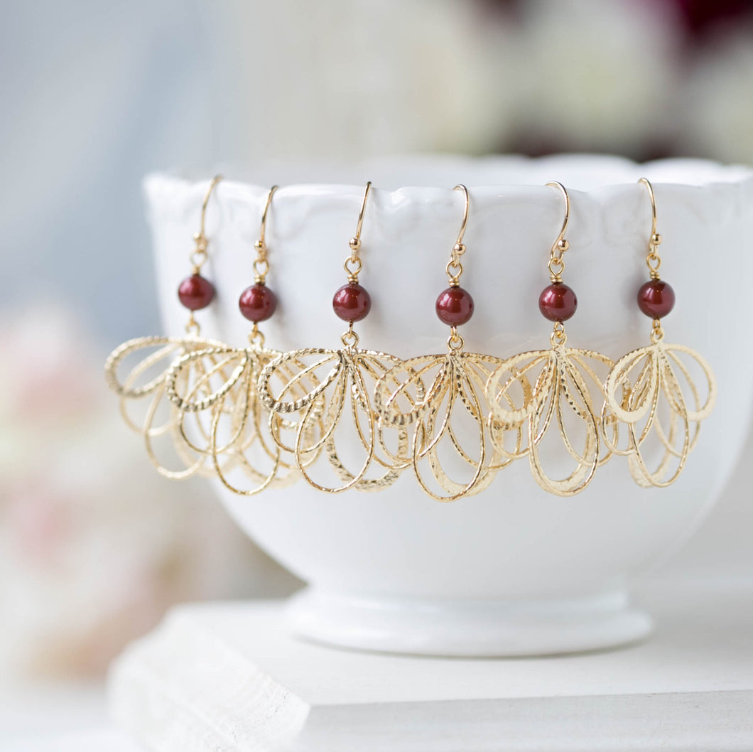 Burgundy Earrings, Wine Dark Red Maroon Marsala Wedding Gold Dangle Earrings, Bridal Earrings, Bridesmaid Earrings, Bridal Party Gift