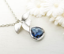Load image into Gallery viewer, Silver Orchid Sapphire Necklace Navy Blue Wedding Bridesmaid Necklace Bridal Party Gift September Birthday Gift for Her Birthstone Jewelry
