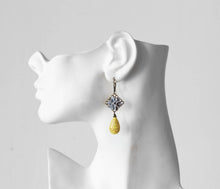 Load image into Gallery viewer, Grey and Yellow Earrings, Grey Flower Yellow Teardrop Bead Dangle Earrings, Grey and Yellow Wedding, Victorian Style, Leverback earrings

