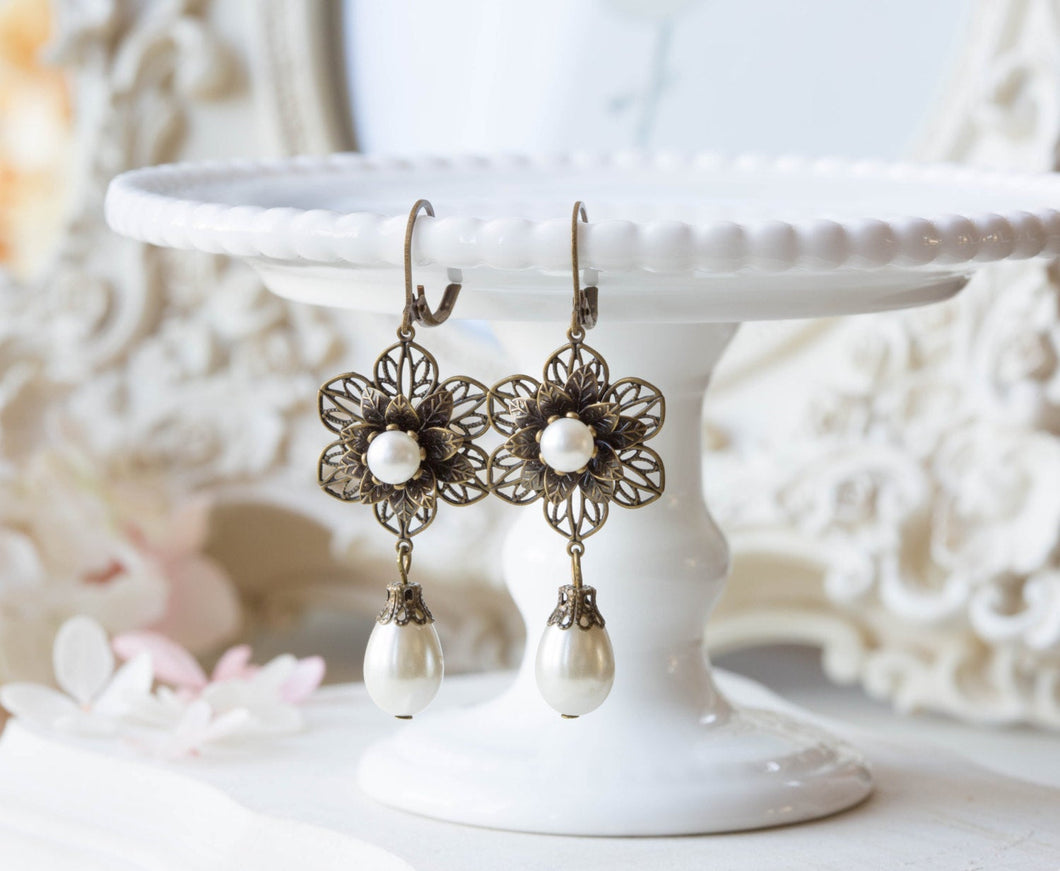 Bridal Earrings, Vintage Style Wedding Earrings, Cream White Pearls Dangle Earrings, Antiqued Brass Filigree Flowers Leaverback Earrings