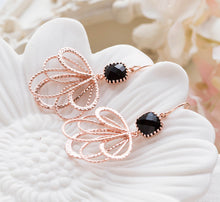 Load image into Gallery viewer, Black Crystal Rose Gold Filigree Dangle Earrings
