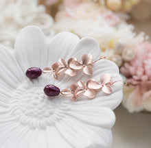Load image into Gallery viewer, Burgundy Plum Maroon Wedding Bridal Earrings, Rose Gold Cascading Flower Dangle Earrings, Bridesmaid Gift, Teardrop Pearl Dangle Earrings
