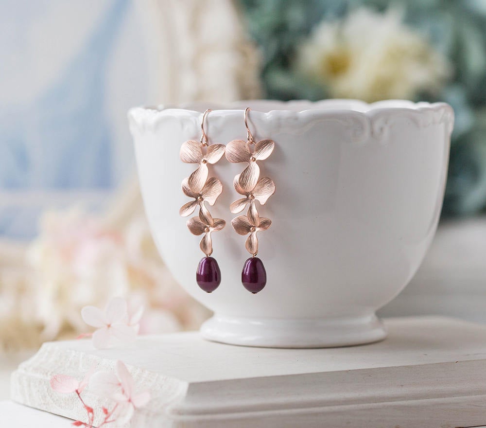 Burgundy Plum Maroon Wedding Bridal Earrings, Rose Gold Cascading Flower Dangle Earrings, Bridesmaid Gift, Teardrop Pearl Dangle Earrings