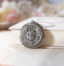 Load image into Gallery viewer, Owl Locket Necklace, Personalized Silver Photo Picture Owl Locket, May Birthstone Birthday Gift, Emerald Necklace, Personalized Gift for Her
