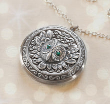 Load image into Gallery viewer, Owl Locket Necklace, Personalized Silver Photo Picture Owl Locket, May Birthstone Birthday Gift, Emerald Necklace, Personalized Gift for Her

