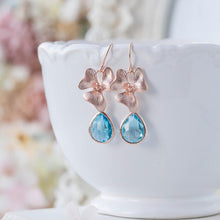Load image into Gallery viewer, aqua blue crystal rose gold orchid flower earrings
