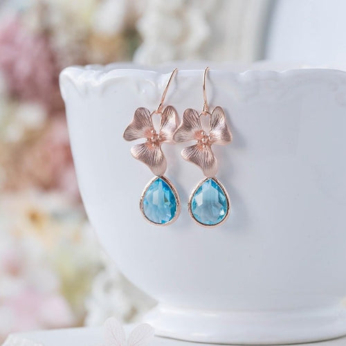 aqua blue crystal rose gold orchid flower earrings