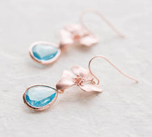 Load image into Gallery viewer, Aqua Blue Crystal Rose Gold Flower Earrings
