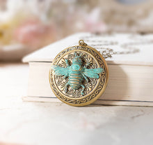 Load image into Gallery viewer, Bee Locket Necklace, Bee Jewelry Jewellery, Personalized Photo Picture Locket, Blue Verdigris Patina Round Locket, Gift for bee lover keeper
