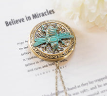 Load image into Gallery viewer, Bee Locket Necklace, Bee Jewelry Jewellery, Personalized Photo Picture Locket, Blue Verdigris Patina Round Locket, Gift for bee lover keeper
