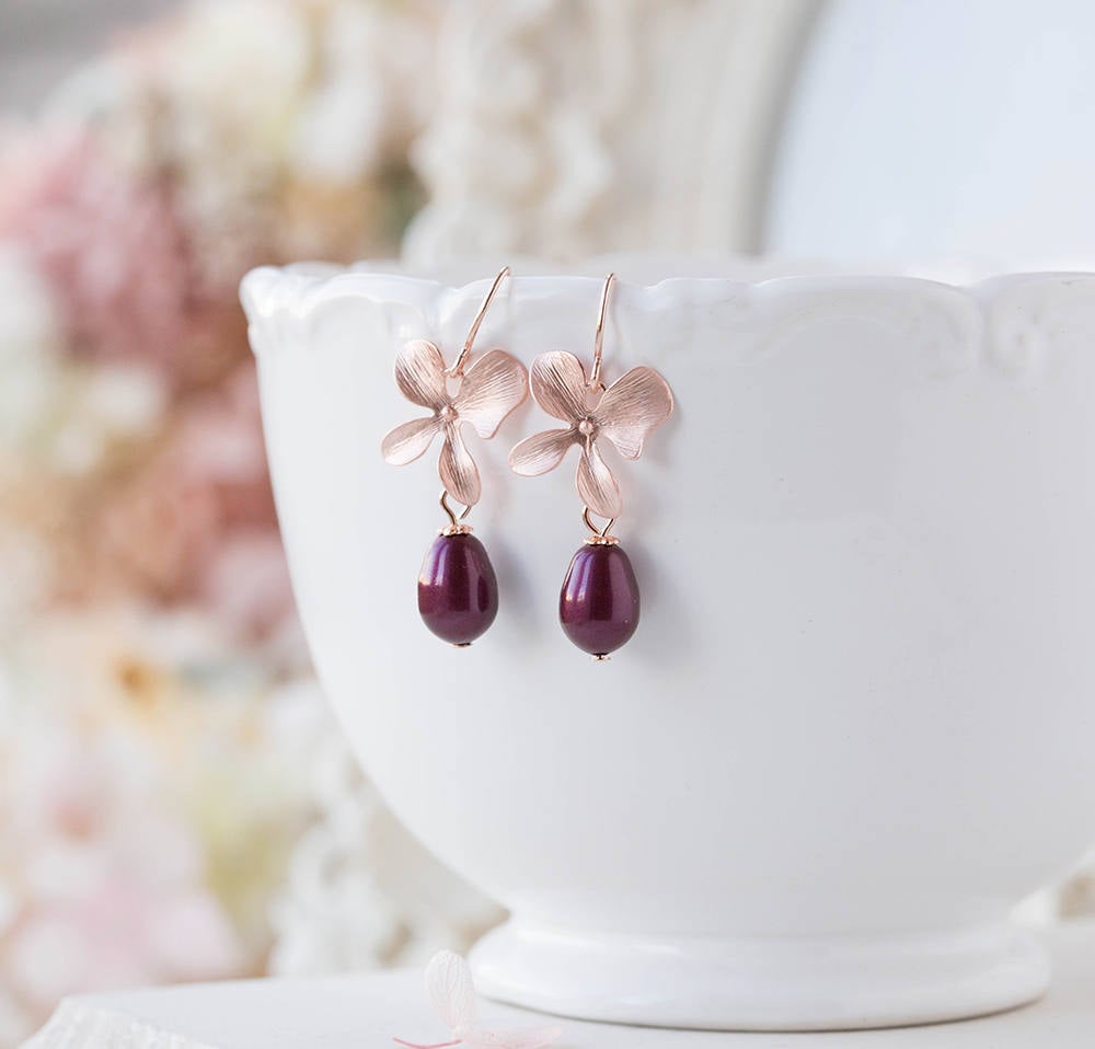 Burgundy Plum Pearl Earrings, Rose Gold Earrings, Orchis Flower, Bridal Jewelry, Bridesmaid Wedding Gift, Pearl drop Dangle. Gift for mom