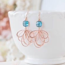 Load image into Gallery viewer, rose gold filigrees aquamarine blue crystal earrings

