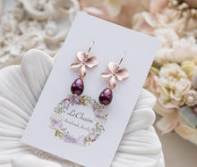 Load image into Gallery viewer, Burgundy Plum Pearl Earrings, Rose Gold Earrings, Orchis Flower, Bridal Jewelry, Bridesmaid Wedding Gift, Pearl drop Dangle. Gift for mom
