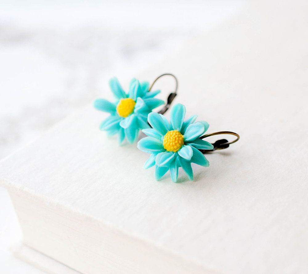 Blue Flower Earrings, Chrysanthemum Earrings, Lever back Earrings, Flower Girl Gift, Bridesmaid Gift, Spring Summer Jewelry, Gift for Her