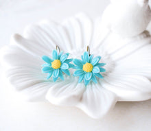 Load image into Gallery viewer, Blue Flower Earrings, Chrysanthemum Earrings, Lever back Earrings, Flower Girl Gift, Bridesmaid Gift, Spring Summer Jewelry, Gift for Her
