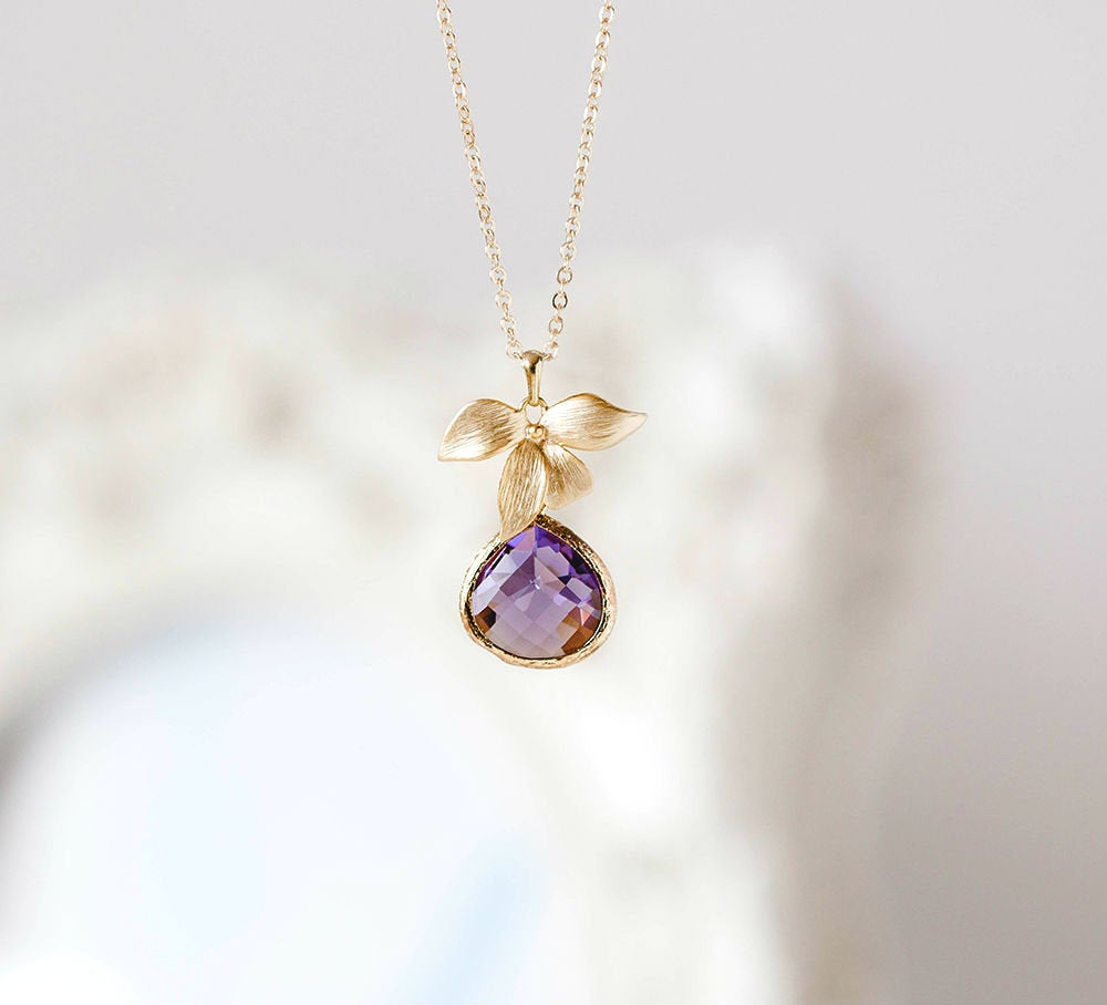 Amethyst Purple Necklace with Gold orchid Flower, Purple Wedding Jewelry, Bridesmaid Gift, February Birthstone, Birthday Gift for her