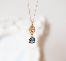 Load image into Gallery viewer, Navy Blue Sapphire Blue Glass Stone Gold Filigree Pendant Necklace, September birthstone, Birthday Gift, Navy Blue Wedding Bridesmaid Gift
