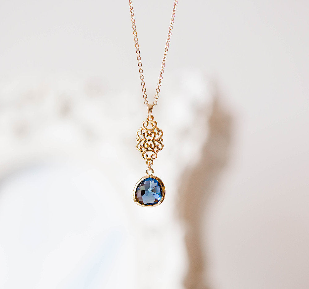 Navy Blue Sapphire Blue Glass Stone Gold Filigree Pendant Necklace, September birthstone, Birthday Gift, Navy Blue Wedding Bridesmaid Gift
