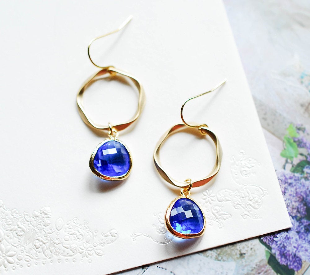 Sapphire Blue Gold Circle Hoop Earrings, Cobalt Blue Earrings, Something Blue Wedding Bridesmaid Gift, September Birthstone Birthday Gift