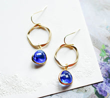 Load image into Gallery viewer, Sapphire Blue Gold Circle Hoop Earrings, Cobalt Blue Earrings, Something Blue Wedding Bridesmaid Gift, September Birthstone Birthday Gift
