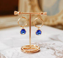 Load image into Gallery viewer, Sapphire Blue Gold Circle Hoop Earrings, Cobalt Blue Earrings, Something Blue Wedding Bridesmaid Gift, September Birthstone Birthday Gift
