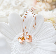 Load image into Gallery viewer, Calla Lily Earrings, Rose Gold Earrings with pearls, Long Dangle Earrings, Rose Gold Jewelry, Bridesmaid Gift, Gift for Mom Wife Girlfriend
