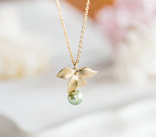 Load image into Gallery viewer, Sage Green Pearl Gold Flower Necklace, Sage Green Wedding Jewelry, Bridesmaid Gift, Bridal Necklace, Birthday Gift for Mom for Her
