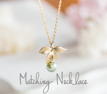 Load image into Gallery viewer, Sage Green Pearl Earrings with Gold Flower, Olivine Sage Green Wedding Bridal Earrings, Gift for Wife Girlfriend Mom daughter sister for her
