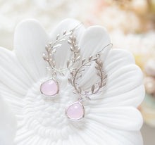 Load image into Gallery viewer, Blush Pink Crystal Silver Laurel Wreath Earrings, Blush Pink Wedding Bridesmaid Earrings
