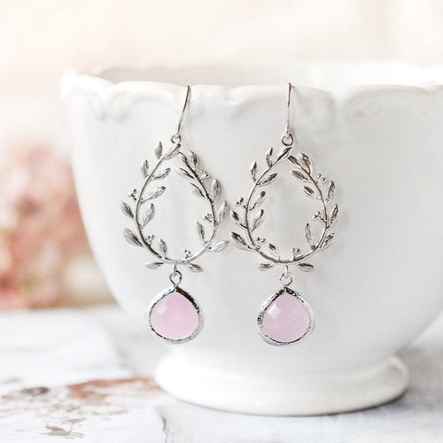 silver laurel wreath soft pink crystal earrings
