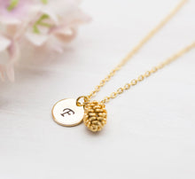 Load image into Gallery viewer, Pinecone Necklace with Personalized Initial Disc in Gold Rose Gold Silver, Personalized Gift for daughter mom mother girls wife girlfriend
