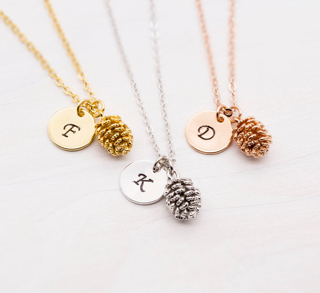 Pinecone Necklace with Personalized Initial Disc in Gold Rose Gold Silver, Personalized Gift for daughter mom mother girls wife girlfriend