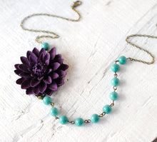 Load image into Gallery viewer, Eggplant Purple chrysanthemum Rose Flower and Turquoise Blue Pearls Necklace Earrings Set, Nature Inspired, Purple and Blue, Gift for Women
