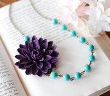 Load image into Gallery viewer, Eggplant Purple chrysanthemum Rose Flower and Turquoise Blue Pearls Necklace Earrings Set, Nature Inspired, Purple and Blue, Gift for Women
