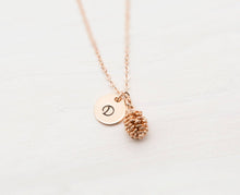 Load image into Gallery viewer, Pinecone Necklace with Personalized Initial Disc in Gold Rose Gold Silver, Personalized Gift for daughter mom mother girls wife girlfriend
