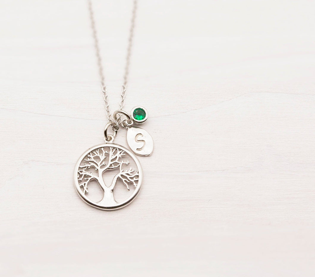 Family Tree Necklace, Stamped Initial Leaves, Mothers Day Gift for Mom, Personalized Gift for Mother Grandma Wife, Birthstone Jewelry