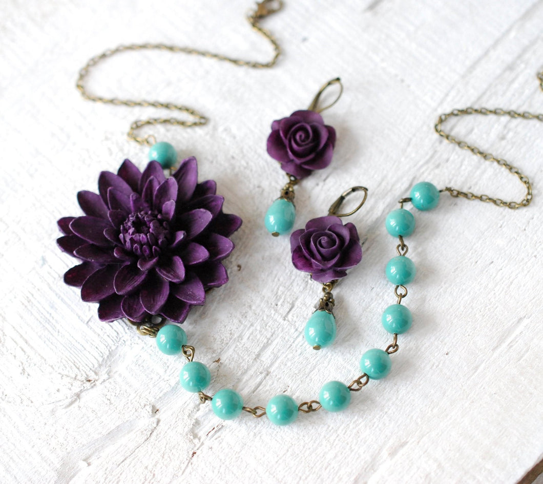 Eggplant Purple chrysanthemum Rose Flower and Turquoise Blue Pearls Necklace Earrings Set, Nature Inspired, Purple and Blue, Gift for Women