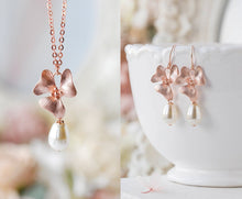 Load image into Gallery viewer, Pearl Necklace Earrings Set, Rose Gold Flower Necklace Earrings Set, Cream White Pearl Jewelry, Bridal Jewelry Set, Bridesmaid Gift
