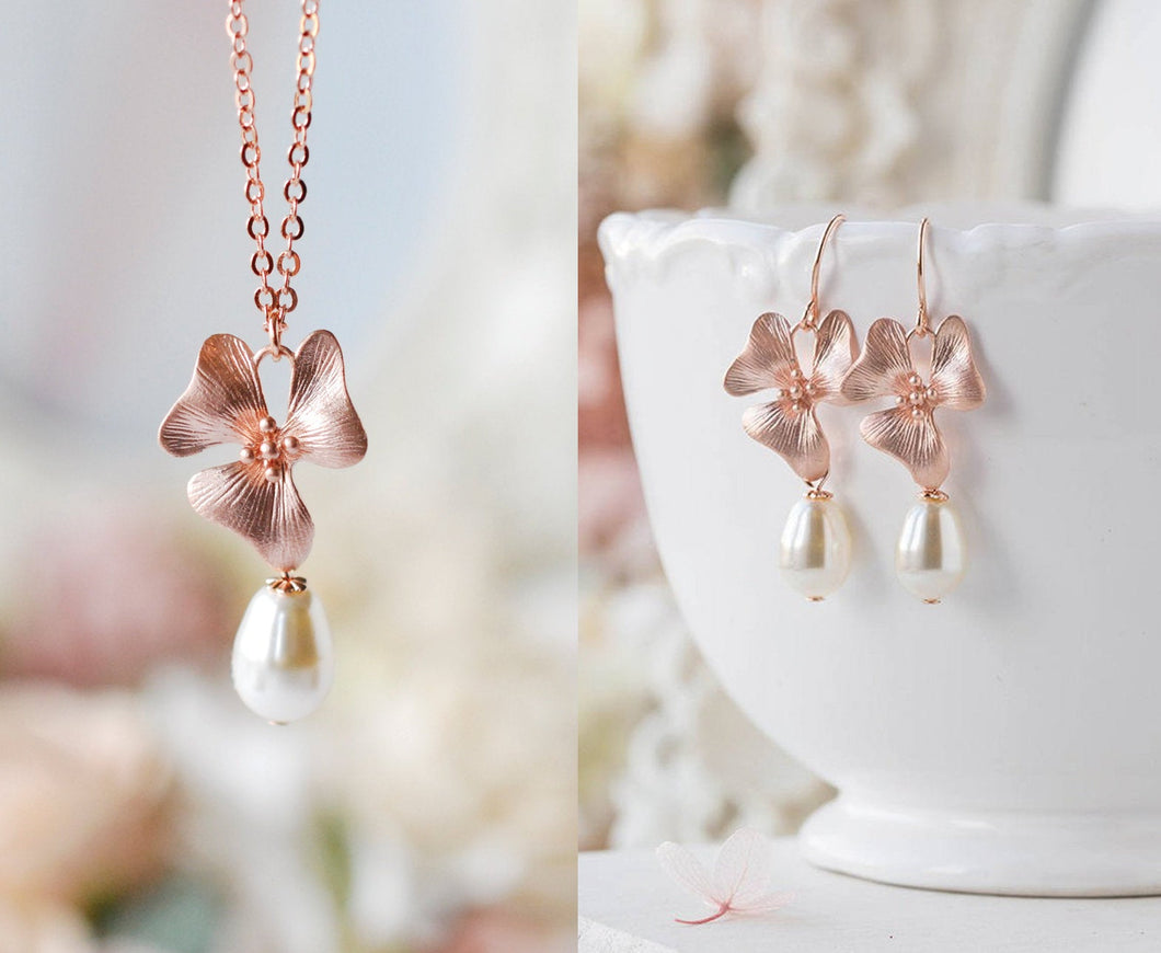 Pearl Necklace Earrings Set, Rose Gold Flower Necklace Earrings Set, Cream White Pearl Jewelry, Bridal Jewelry Set, Bridesmaid Gift