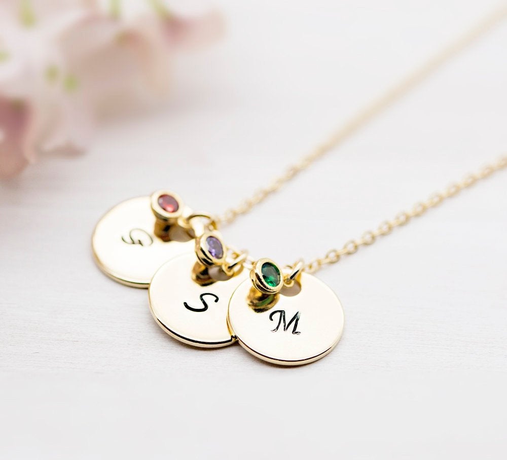 Personalized Initial Birthstone Necklace, Personalized Gift for Mom, Gift for Mother, for Wife, Initial Disc Necklace, Mother's Day Gift